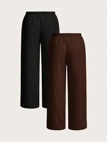 SHEIN EZwear Set de 2 pantalones de tallas grandes para mujer en color marrón chocolate y negro