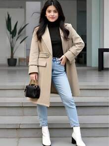 SHEIN 1pc Girls Wool Blend Coat, Elegant Mid-Length Overcoat With 2-Way Wear, Suitable For Autumn/Winter Fall - Apricot - View 4