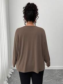 SHEIN LUNE CURVE Plus Size Casual Round Neck Long Sleeve Letter Embroidered T-Shirt - Brown - View 2
