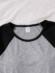 少女撞色针织圆领长袖休闲复古T恤可爱上衣紧身长袖衬衫长袖紧身衬衫上衣可爱黑灰色秋冬 - 灰色 - 查看 5