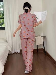 SHEIN 樱桃条纹印花翻领短袖长裤女士睡衣套装 - 紅色 - 查看 2