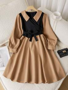 Sparklyn 女孩时尚拼色连衣裙，带腰带和纽扣细节，适合学校或休闲穿着的 A 字裙，可机洗，涤纶混纺，春夏秋季，时尚腰带连衣裙 | 闪亮面料，可爱的连衣裙 - 彩色 - 查看 4