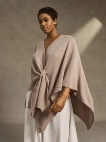 EMERY ROSE Poncho de punto de unicolor con lazo para mujer talla grande, cárdigan simple y elegante para otoño - Caqui - Ver 3