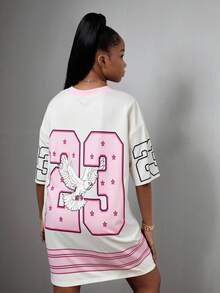 SHEIN Y2K Teen Girls Pink Polyester Short Drop Shoulder Sleeve V Neck Dress With Cute Cartoon Pattern - Pink - View 2