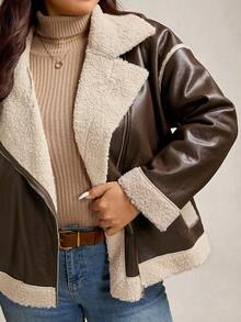 Zelara Plus Size Women's Fashionable Warm PU Composite Faux Fur Collar Jacket, Winter Outerwear Going Out Brown Jacket Zip-Up Thanksgiving