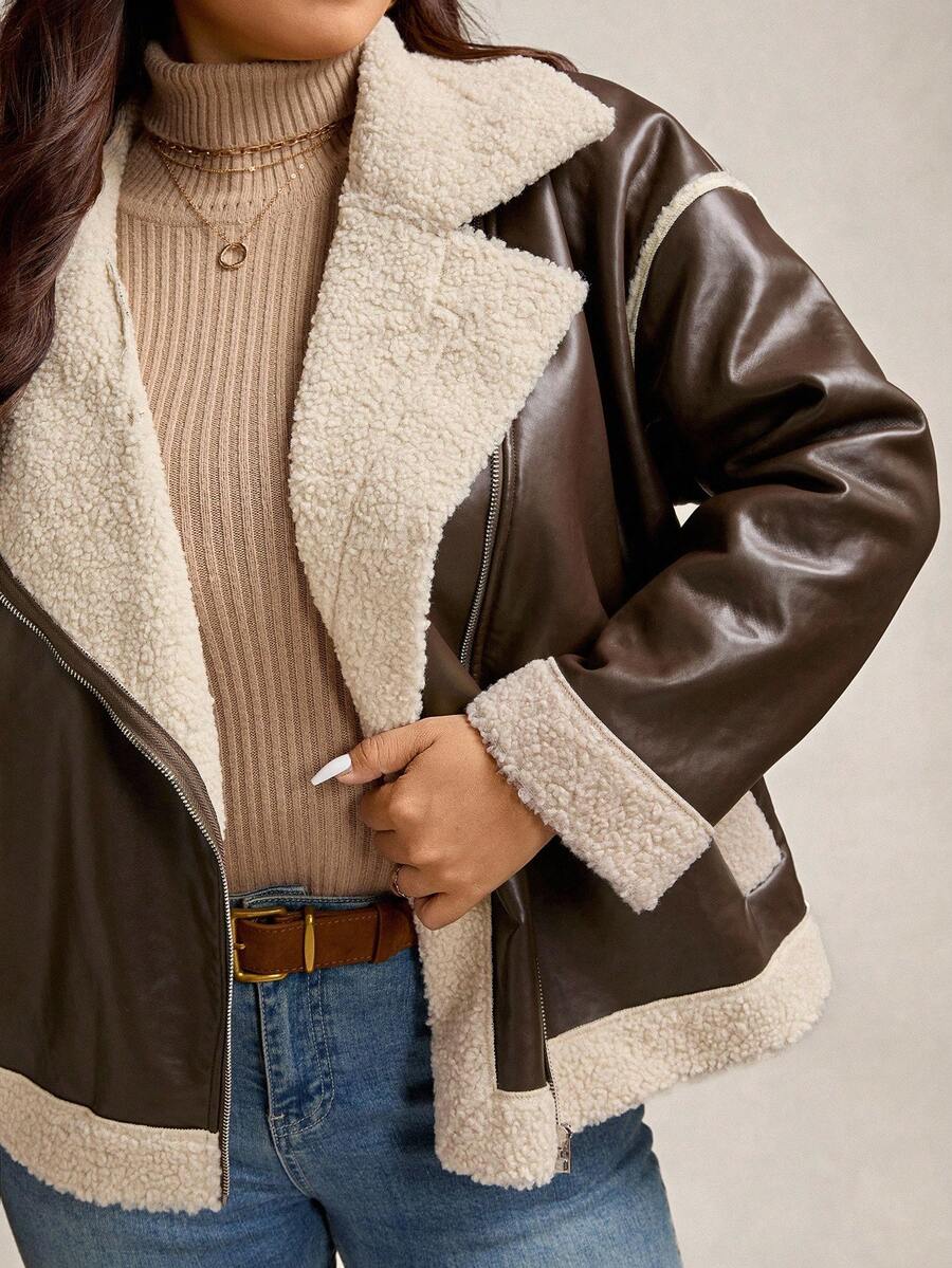 Zelara Plus Size Women's Fashionable Warm PU Composite Faux Fur Collar Jacket, Winter Outerwear Going Out Brown Jacket Zip-Up Thanksgiving
