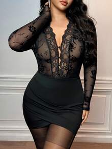 Viva Relle Váy ôm sát ren cổ chữ V tay dài cỡ lớn, thanh lịch và thon gọn - màu đen - Xem 3