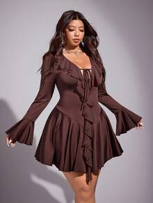 Viva Relle Elegant Waist Cinching Ruffle Hem Tie Front Plus Size Dress