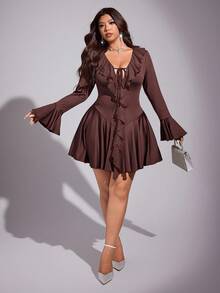 Viva Relle Elegant Waist Cinching Ruffle Hem Tie Front Plus Size Dress