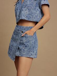 WESTFADE 裹身式不对称翻边修身佩斯利提花牛仔迷你裙，可爱秋季波西米亚休闲乡村西部风服饰 - 中等水洗藍 - 查看 5