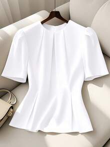 SHEIN Clasi 大码女式优雅休闲褶皱泡泡袖衬衫 - 白色 - 查看 1