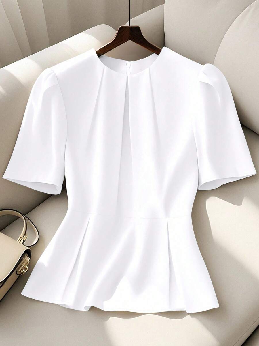 SHEIN Clasi 大码女式优雅休闲褶皱泡泡袖衬衫 - 白色 - 查看 1