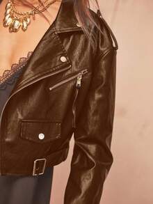 Aralina PU 仿皮机车夹克 短款机车夹克 前卫街头风 系带外套 - 棕色 - 查看 6