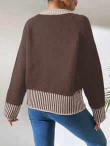 EMERY ROSE French Fashion Versatile Black And White Striped Knit Cardigan - Coffee Brown - View 2