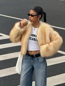 Muchica 女式卡其色长袖休闲蓬松夹克（秋冬） - 卡其色 - 查看 4