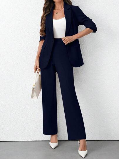 EMERY ROSE Women's Solid Color Lapel Collar Fashion Versatile Business Blazer Jacket + Pants Suit