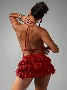 MISSGUIDED Two Piece Satin Ruffle Skirt Set Backless Halter Neck Crop Top Summer Beach Festival Club Party Holiday Evening Outfit - Red - View 2