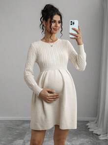 Momance Solid Color Waist Twist Knit Sweater Dress, Maternity Long Sleeve A-Line Knitted Dress For Autumn/Winter - Beige - View 5