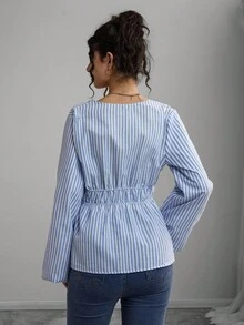 Momance Maternity Striped Print Front Tie Long Sleeve Nursing Top - Multicolor - View 3