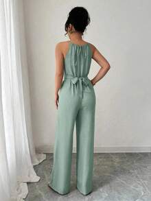 Elenzga 女式休闲卡其色褶皱面料吊带串珠设计腰部纽扣系带连体裤，春夏