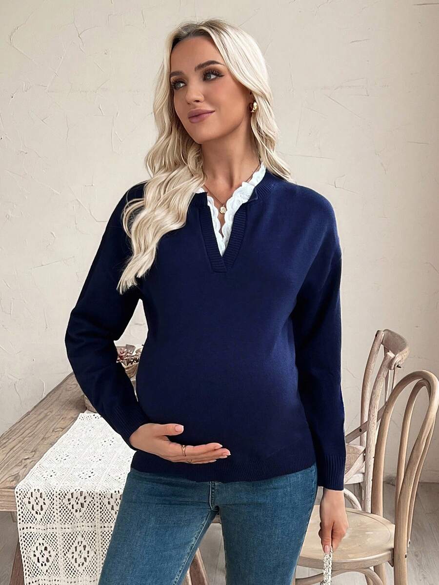 SHEIN كنزة صوفية محبوكة بلون واحد للحوامل، كنزة صوفية فضفاضة أنيقة مزينة بالدانتيل على شكل V للخريف/الشتاء - أزرق بحري - مشاهدة 1