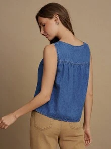 WESTFADE 圆领西部风格拼接100%纯棉牛仔无袖A字上衣，休闲可爱，适合秋季穿着，波西米亚乡村西部风情。 - 中等水洗藍 - 查看 2