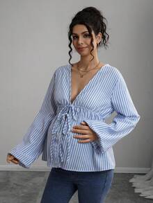 Momance Maternity Striped Print Front Tie Long Sleeve Nursing Top - Multicolor - View 8