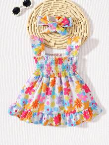 SHEIN Playful Pals Baby Girl Floral Print Ruffled Short Cap Sleeve Cute Summer Dress