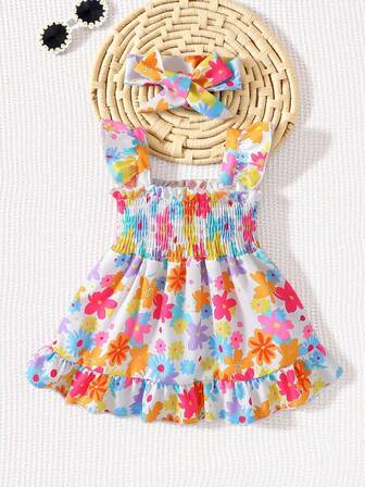 SHEIN Playful Pals Baby Girl Floral Print Ruffled Short Cap Sleeve Cute Summer Dress