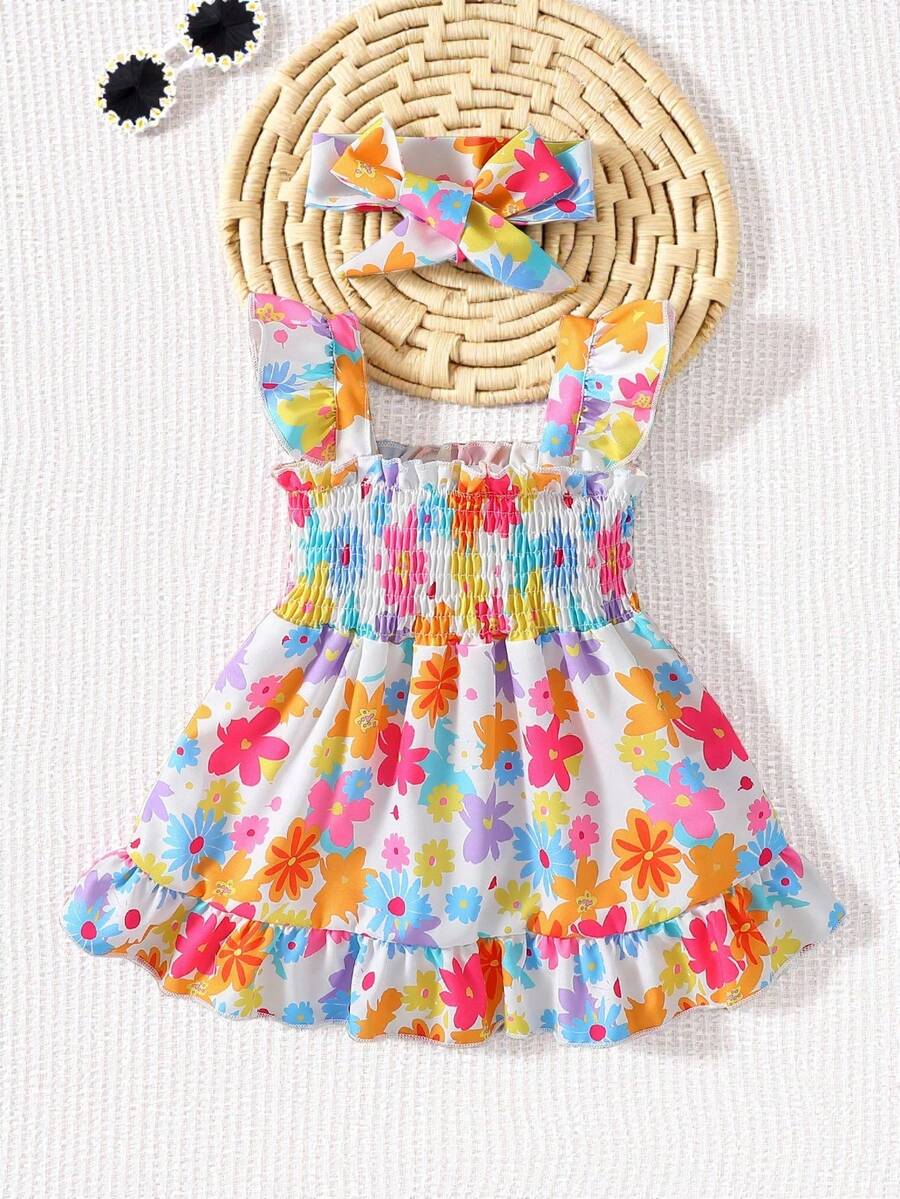 SHEIN Playful Pals Baby Girl Floral Print Ruffled Short Cap Sleeve Cute Summer Dress