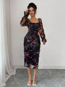 Selianne Women's Elegant Black Floral Print Mesh Long Sleeve Midi Dress,Autumn Ruffle Collar Cinched Waist Party Dress For Weddings,Dates & Outings - Black - View 8