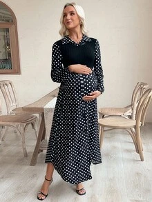 SHEIN Casual Loose Polka Dot Patchwork Long Sleeve Maternity Dress - Black and White - View 6