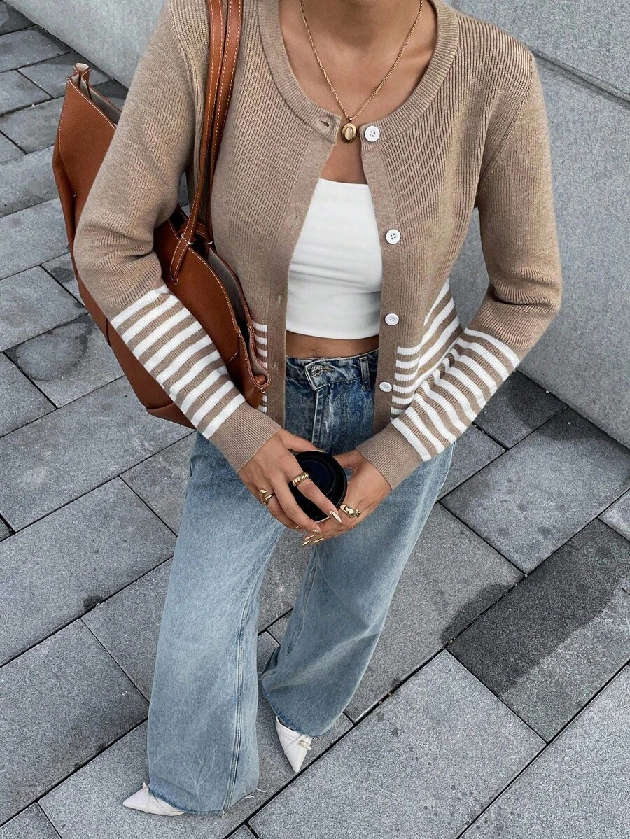 Chiquease Áo khoác cardigan sọc màu đơn giản dành cho nữ khi đi làm - Màu Khaki - Xem 1