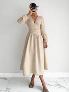 Siren Gaze Women's Apricot Autumn Elegant Wedding Guest Dress,Solid V-Neck Lantern Sleeve Waist-Cinching Pleated Long Dress,Business Casual Work Teacher Outfits - Apricot - View 1