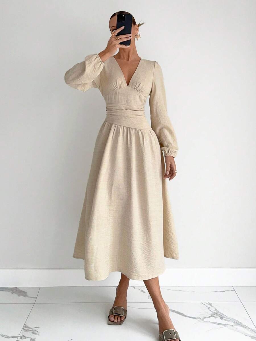 Siren Gaze Women's Apricot Autumn Elegant Wedding Guest Dress,Solid V-Neck Lantern Sleeve Waist-Cinching Pleated Long Dress,Business Casual Work Teacher Outfits - Apricot - View 1