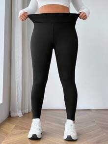 SHEIN EZwear Plus Size Women's High Waist Thick Warm Leggings For Autumn And Winter Thermal Yellow