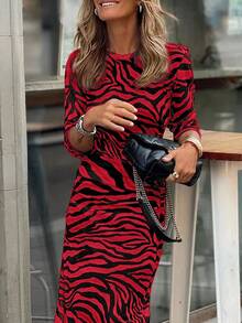 EMERY ROSE 女士斑马纹修身连衣裙，优雅度假风格 - 紅色 - 查看 4