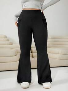 SHEIN CURVE+ 大码女装秋冬返校休闲家居服瑜伽舒适户外纯黑色针织弹力腰高腰口袋喇叭裤，带口袋打底裤 - 黑色 - 查看 6