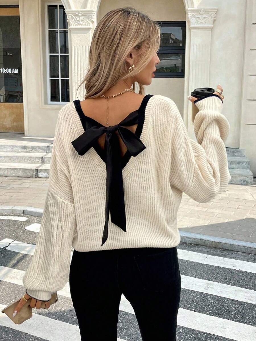 Serisse Áo len dệt kim dáng rộng thoải mái cho nữ, thiết kế buộc lưng, tay dài, phù hợp cho mùa thu/đông - Màu be - Xem 1