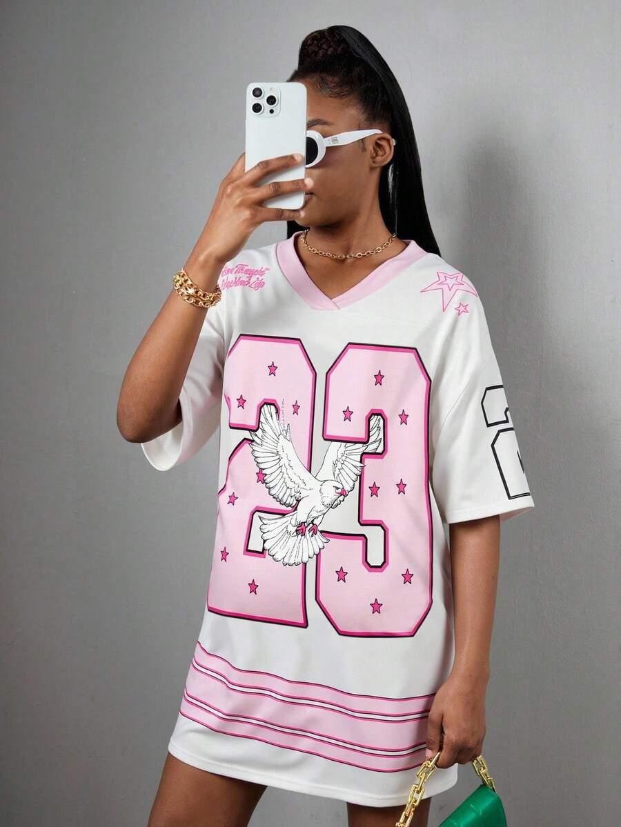 SHEIN Y2K Teen Girls Pink Polyester Short Drop Shoulder Sleeve V Neck Dress With Cute Cartoon Pattern - Pink - View 1
