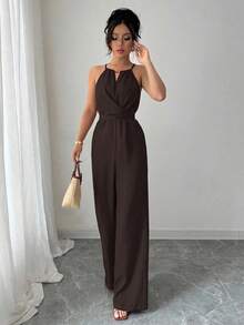 Selianne 女式春夏休闲卡其色褶皱面料露背领口串珠设计腰部纽扣系带连体裤 - 巧克力棕 - 查看 6