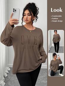 SHEIN LUNE CURVE Plus Size Casual Round Neck Long Sleeve Letter Embroidered T-Shirt - Brown - View 1