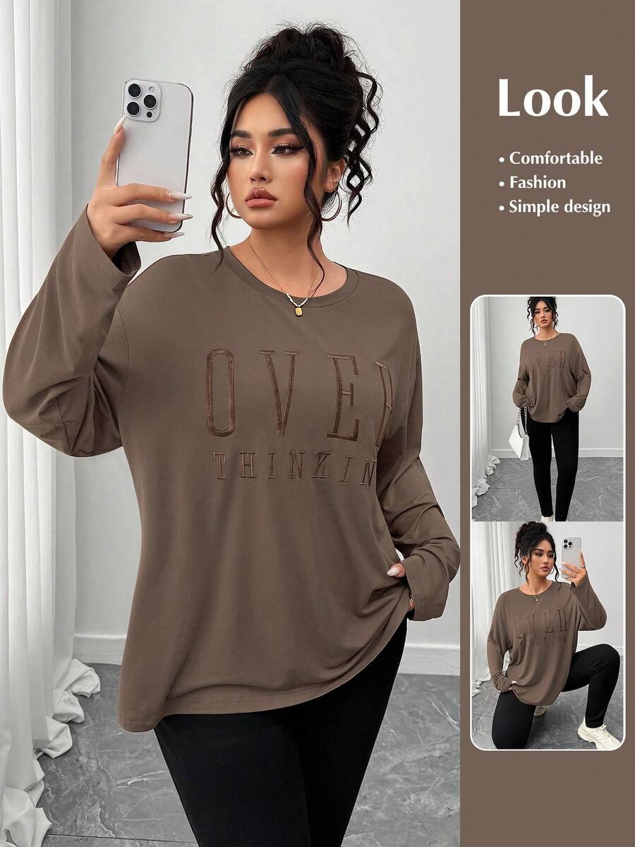 SHEIN LUNE CURVE Plus Size Casual Round Neck Long Sleeve Letter Embroidered T-Shirt - Brown - View 1