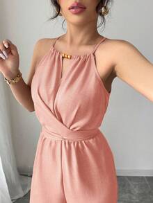 Elenzga 女式休闲卡其色褶皱面料吊带串珠设计腰部纽扣系带长款连体裤，春夏 - 藕粉色 - 查看 5