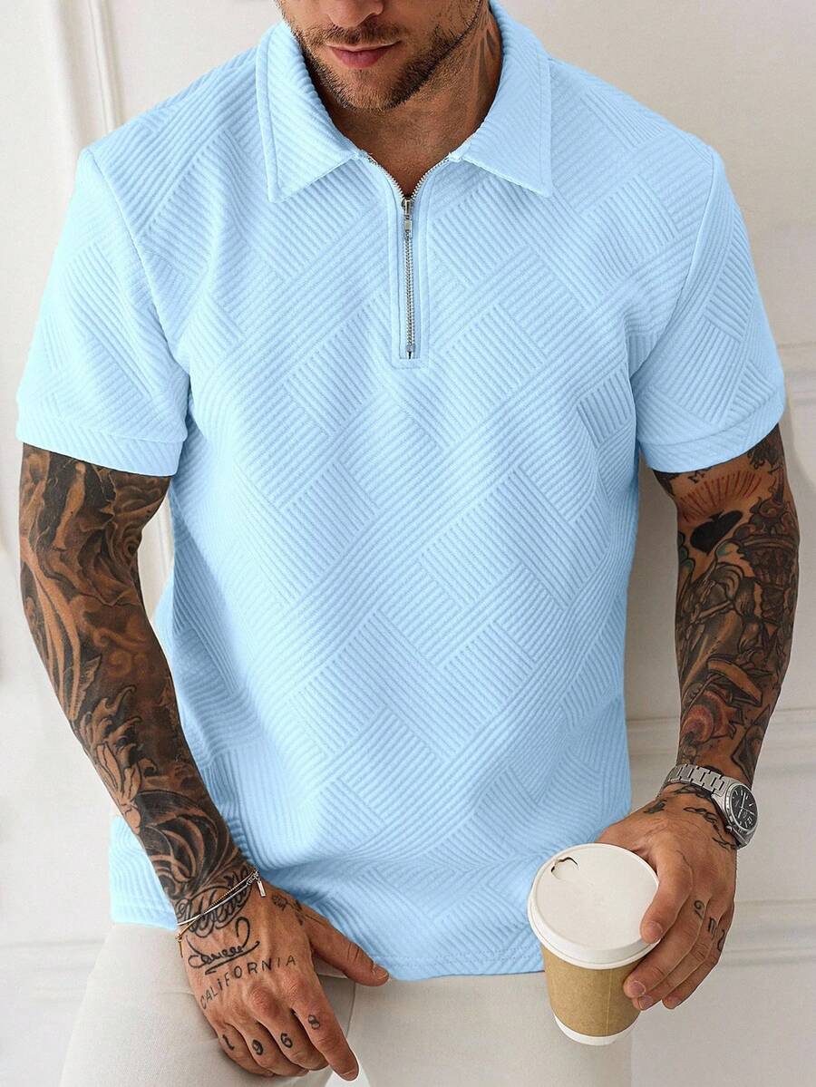 Manfinity Homme Men Solid Color Textured Short Sleeve Polo Shirt For Summer - Baby Blue - View 1