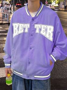 Claim Dot 宽松版型男式字母图案条纹落肩灯芯绒运动夹克，秋冬 - 紫色 - 查看 4