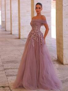 Glamrae Váy maxi trễ vai thêu ren và lưới bồng bềnh sang trọng thanh lịch, thích hợp cho đám cưới, tiệc tùng, kỳ nghỉ, vũ hội, sự kiện trang trọng (trang trí đậm) - Màu tím - Xem 6