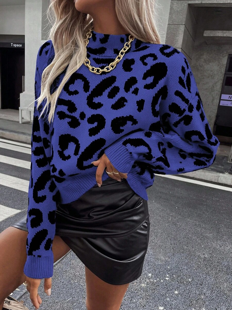 EMERY ROSE Women Leopard Print Crew Neck Casual Long Sleeve Pullover Sweater - Multicolor - View 1