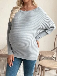 SHEIN Maternity Solid Color Crew Neck Pullover Sweater, Knitted Batwing Long Sleeve Boat Neck Ribbed Sweater For Autumn/Winter - Grey - View 7