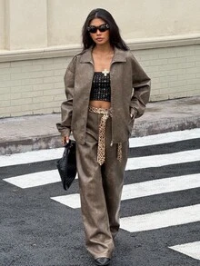 Muchica 2025 New Arrive Fall/Winter Women Brown Vintage Distressed Loose PU Leather Jacket For Going Out,Streetwear - Brown - View 4